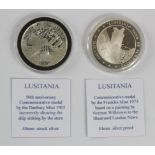 Lusitania Commemorative Medals (2) silver, crown-size, Danbury Mint 1965 issue showing the ship