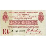 Bradbury 10 Shillings T12.1 (issued 1915), F/25 46809, 3 vertical folds, lightly discoloured to 1/