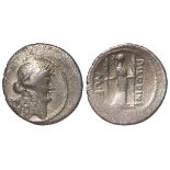 Roman Republican silver denarius, Rome Mint 42 BC., of P.Clodius M.f., obverse:- Laureate head of