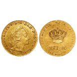 Denmark gold 12 Mark 1758 VH; W on truncation, KM# 587.3, VF