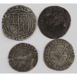 Elizabeth I silver sixpences 1566,1571 and 1593, average NF and a silver shilling of James I, holed,