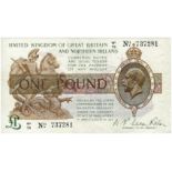 Warren Fisher 1 Pound T34 (issued 1927), W1/76 737281, Great Britain & Northern Ireland issue, VF