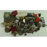 Shoebox of non military related pin badges, medals, etc etc (qty)