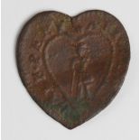 Token - Biggleswade 17th century Overseers heart shaped copper halfpenny - shows cripple &