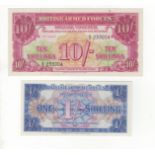 British Armed Forces (2) 10 Shillings PM28a (issued 1956), small spot in top border, 1 Shilling