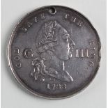 George III Recovery to Health, 1789 silver medal (holed). Marked C.I. Under bust. Weighs 15gms.