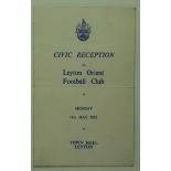 Leyton Orient FC 14th May 1962 Civic Reception at the Town Hall menu, with 6x various signatures