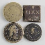 Coin Weights (4) - comprising 3 James I weights (1 x 11 shillings and 2 x 22 shillings) plus a Louis