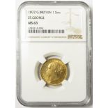 Sovereign 1872, St George, long tail, S.3856A, UNC, slabbed NGC MS 63.