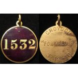 Suffragette related (possibly) purple enamel & brass medal. Has 1532 on the front. Back reads "