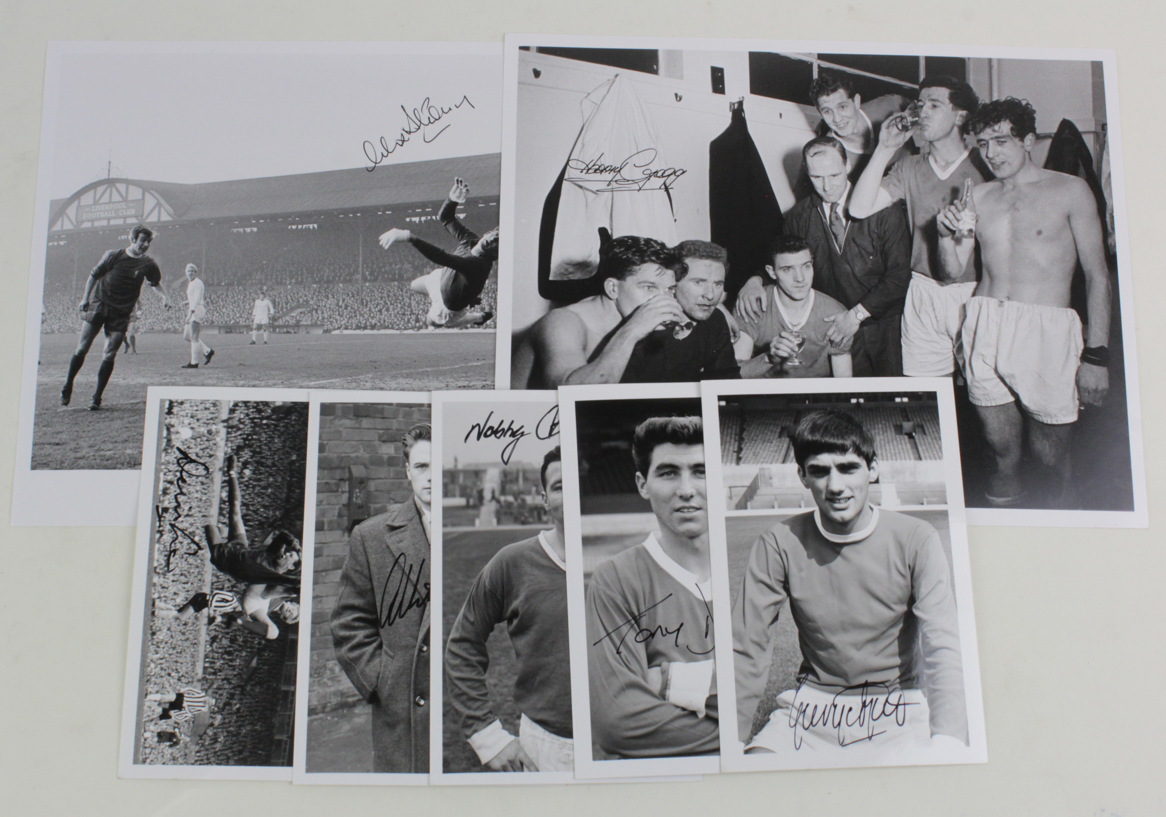 Manchester United, nine signed photos, 8 x10" Alex Stepney, Harry Gregg; postcards, Best, Law,