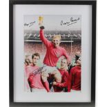Signed 1966 World Cup winners image. Signed hat trick hero Geoff Hurst, Roger Hunt, Martin Peters,