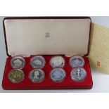 Silver Jubilee 1977 Silver Proof Crown Collection, seven world crowns along with a gold plated