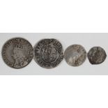 Charles I silver hammered halfpenny and half-groat (1625-42) and Charles II silver milled undated