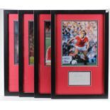 Four framed Manchester United signed cards mounted with photos. Signed by Steve Coppell, Martin