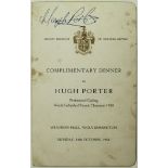 Hugh Porter, Wolverhampton Complimentary Dinner Menu hand signed by Hugh Porter Professional Cycling