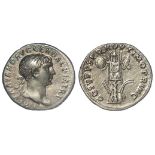 Trajan silver denarius, Rome Mint 107 AD. Rev: COS V PP SPQR OPTIMO PRINC. Trophy of arms. GVF/nEF