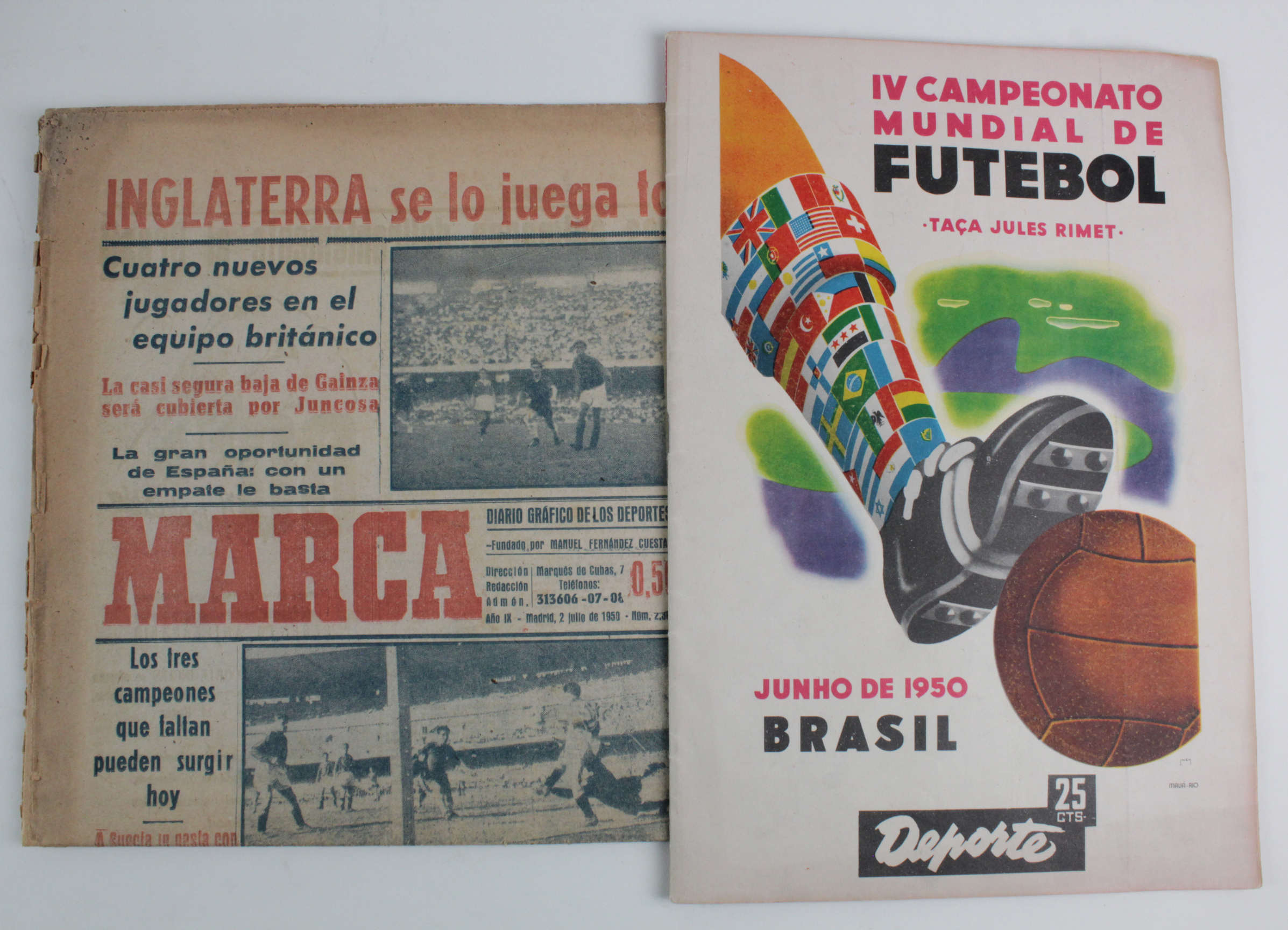 World Cup 1950 Brazil, two publications, Spanish Newspaper Marca 2/7/1950 with coverage Brazil v