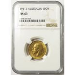 Sovereign 1911S, Sydney Mint, Australia, S.4003, BU, slabbed NGC MS 63.