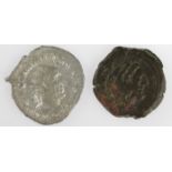 Roman Post-Reform copper quadrans of C.Junius C.f., Sear 1131, GF together with a silver