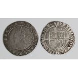 Elizabeth I 2x silver hammered sixpence coins dated 1574 and 1583. Mint marks - acorn & bell,