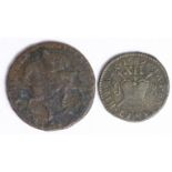 Ireland James II 'gunmoney' (2): Crown 1690 Fair, and Shilling 1689 (month illegible) otherwise