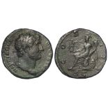 Hadrian orichalcum sestertius, Rome Mint 127 AD. Rev: COS III SC. Roman seated left on cuirass,