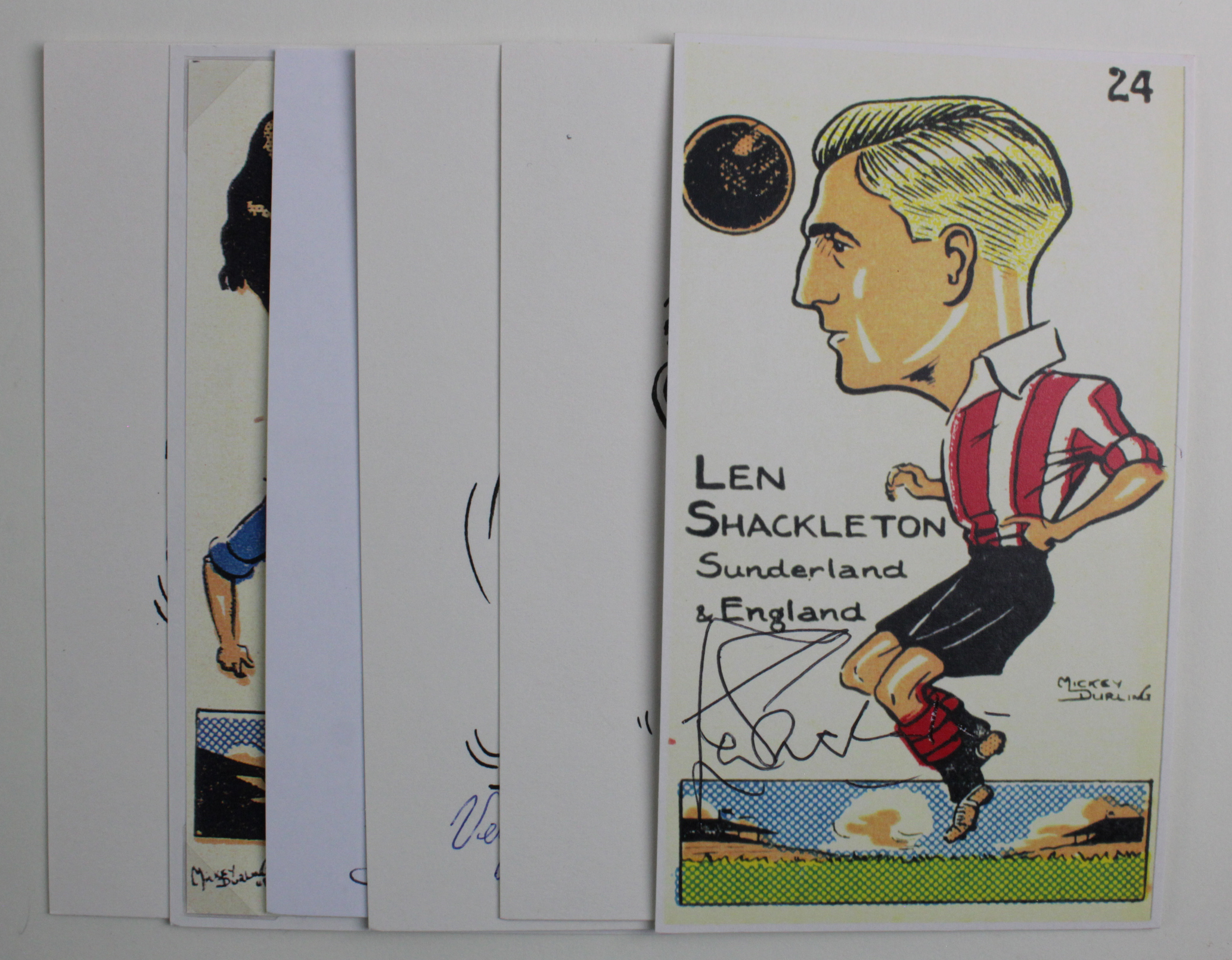 Football Caricatures modern postcard size drawings hand signed by Shackleton, Jones, Finney,