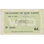 Prisoner of War camps note WW2, 6 Pence from Camp No.553, WD (War Department )_in underprint at