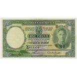Southern Rhodesia 1 Pound P10f (1st September 1951), B/140 075476, lightly pressed crisp aUNC and