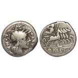 Roman Republican silver denarius of Q.Fabius Labeo, Rome Mint 124 B.C., Helmeted head of Roma