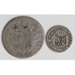 Spain & Colonial (2): 2 Reales M JF, KM#296, aF, and Bolivia 1/2 Real 1777 PTS PR, KM#51, VG