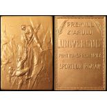 Romanian Sports Prize Plaque, gilt metal 58mm: The "Universul" award featuring mountaineering scene,