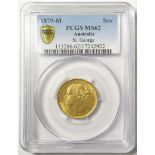 Sovereign 1879M, St George, long tail, Melbourne Mint, Australia, S.3857, UNC, slabbed PCGS MS62.