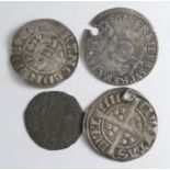 Irish silver penny of Edward I, holed NVF, a ditto but of England, Canterbury, crinkled NVF with