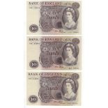 Fforde (3), 10 Pounds B316 (issued 1967), portrait series C, one EF the other two aUNC and UNC