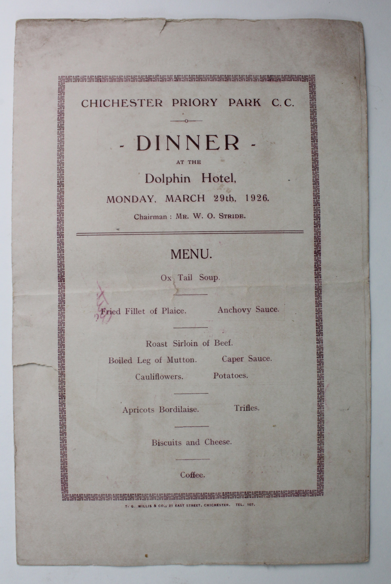 Cricket interest - Chichester Priory Park C.C. Dinner at the Dolphin Hotel 29th March 1926, Menu.