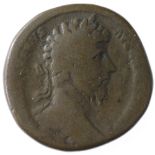 Lucius Verus, sestertius, Rome Mint 164 A.D., reverse:- Lucius Verius seated left, atop platform,