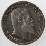 Germany, Wurttemberg, silver 3 marks 1912F of Kaiser Wilhelm II, NUNC