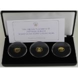 Queen Elizabeth II Sapphire Jubilee Gold Proof set. The three medallion set struck in 9ct gold