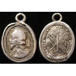 Charles I Masonic related small unmarked silver medal, looks 17th century, has Masonic emblems on