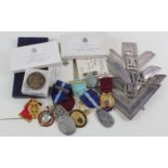 Masonic Medals (gilt), (13 - 5 boxed) + 4 silver plated Past Master Collar jewels and a Masonic