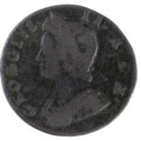 Halfpenny 1734, B over D in BRITANNIA, BMC--, not the same die as another B/D in Nicholson