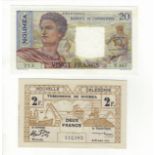 New Caledonia (2), 20 Francs P50c (issued 1963), V.167 213, 2 Francs P56 (29th March 1943), both