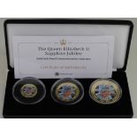 Queen Elizabeth II Sapphire Jubilee Gold Proof set. The three medallion set struck in 9ct gold