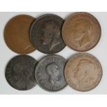 Double sided coins (4) - (William III, George III & 2 x George VI ) + 2 pennies, one with no date