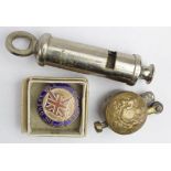 1914 dated Hudsons Officers trench whistle and trench art trench lighter, also a Comrades of the