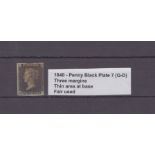 GB - 1840 Penny Black Plate 7 (Q-D) three margins, thin area at base, fair used, cat £400