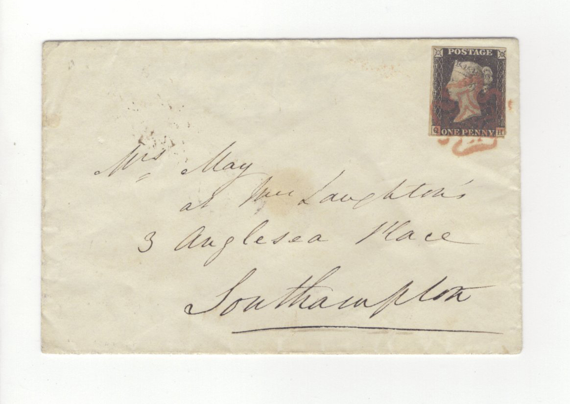 GB - 1840 Penny Black Plate 1b (Q-H) on cover, three margins, used within Southampton Aug 20 1840.