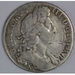 Halfcrown 1697 Nono, N below bust, Norwich Mint, ordinary harp, large shields, S.3491, VG